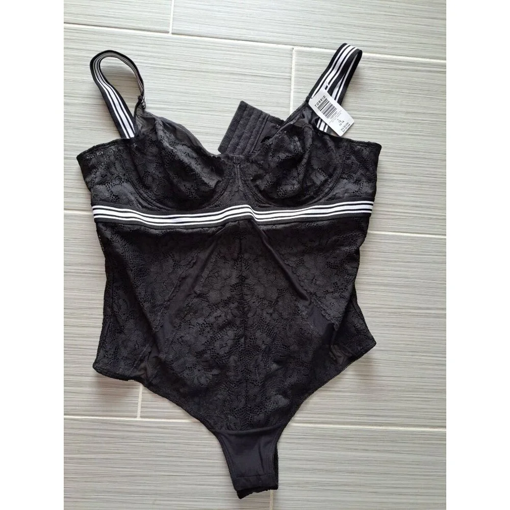 NEW Torrid Black Lace Mesh  Bodysuit X1 V-Neck Striped  Nylon/Spandex Lingerie - Picture 3 of 10